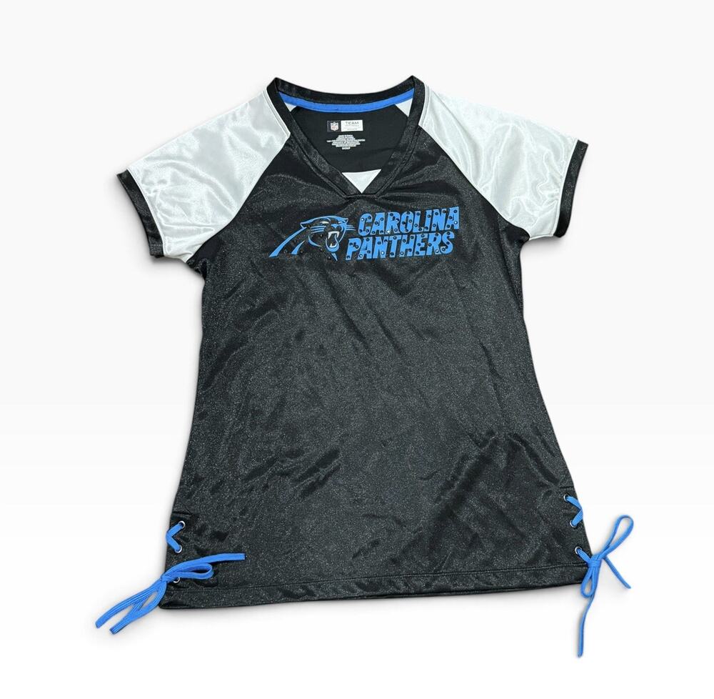 NFL Team Apparel Carolina Panthers NFL Women’s V-Neck Shirt Jersey Rhinestone SM